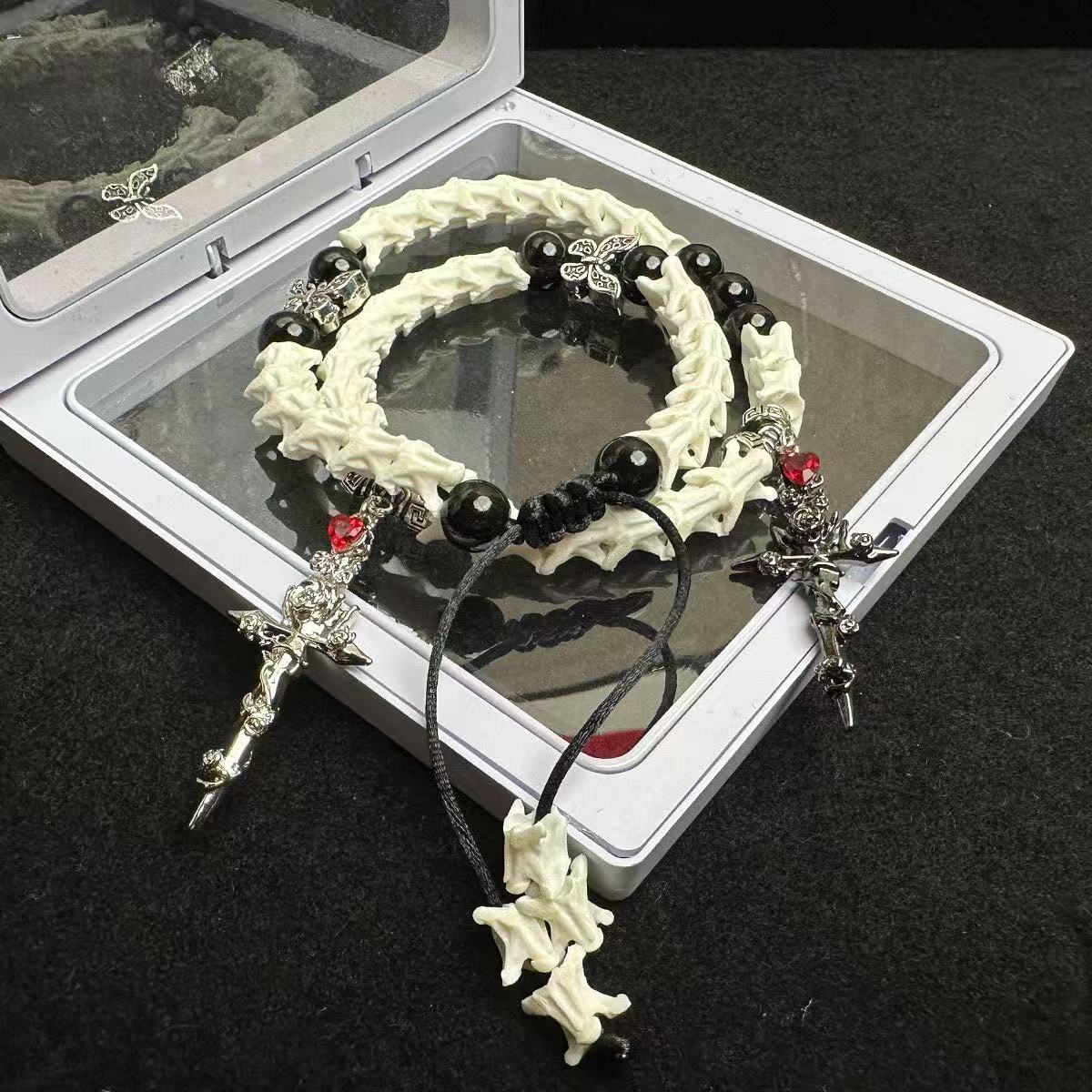 Real Snake Bone Bracelet — Black Obsidian, Butterfly Spacers & Rose Sword Charm | Dark Romance Gothic Jewelry