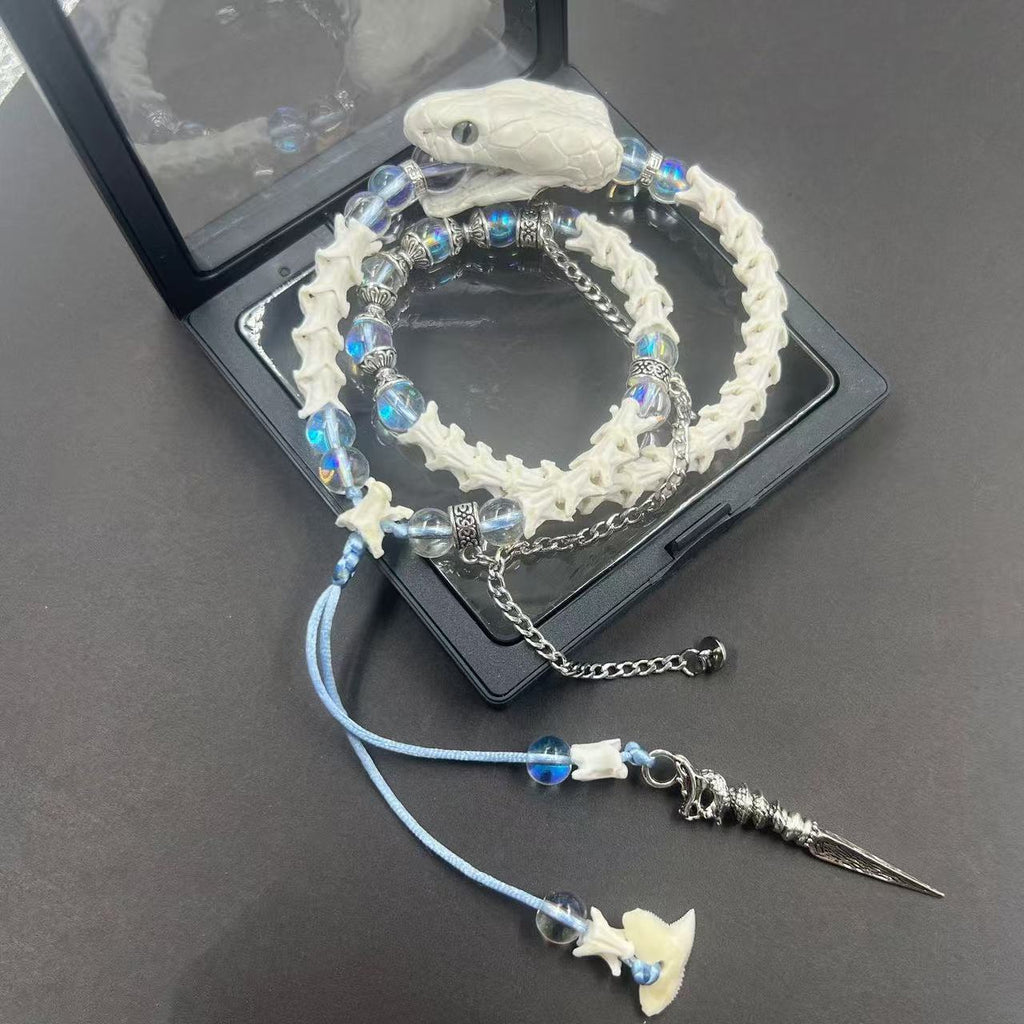 Real White Snake Bone Double-Wrap Bracelet — Aurora Crystal Beads, Silver Chain & Spear Charm | Fairy Grunge Jewelry