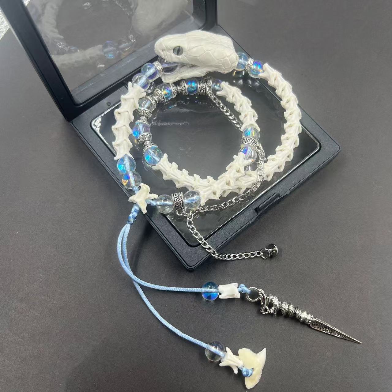 Real White Snake Bone Double-Wrap Bracelet — Aurora Crystal Beads, Silver Chain & Spear Charm | Fairy Grunge Jewelry