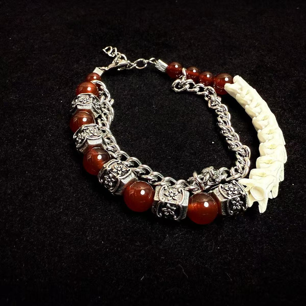 Real Snake Bone & Cuban Chain Bracelet — Natural Gemstone Beads & Vintage Alloy Spacers | Gothic Street Style