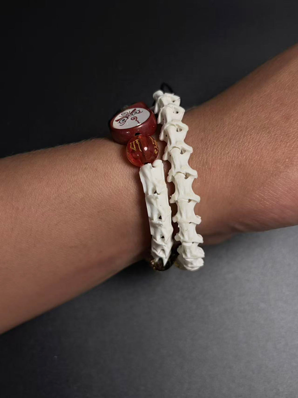 Real Snake Bone Bracelet – Five Wealth Gods Thangka Hand-Painted Disc Beads, Five Colors & Silver Butterfly Charm | Tibetan Fortune Jewelry
