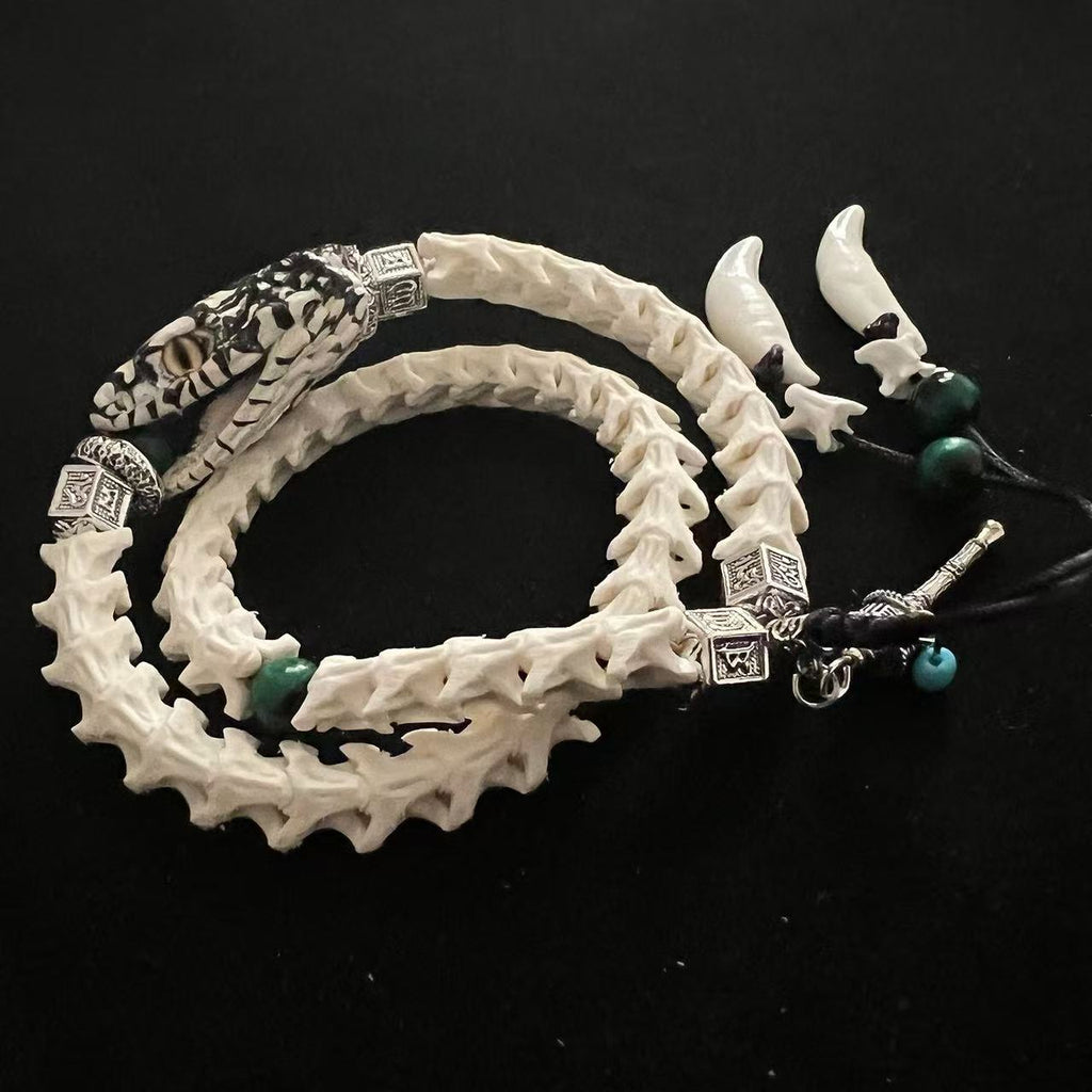 Real Snake Bone Double-Coil Bracelet — Patterned Serpent Head, Malachite & Bone Fang Charms | Shaman Totem