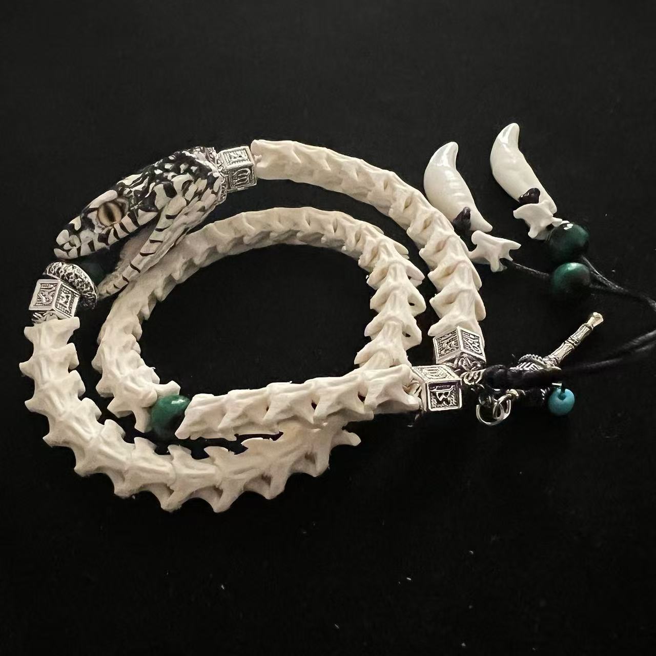 Real Snake Bone Double-Coil Bracelet — Patterned Serpent Head, Malachite & Bone Fang Charms | Shaman Totem