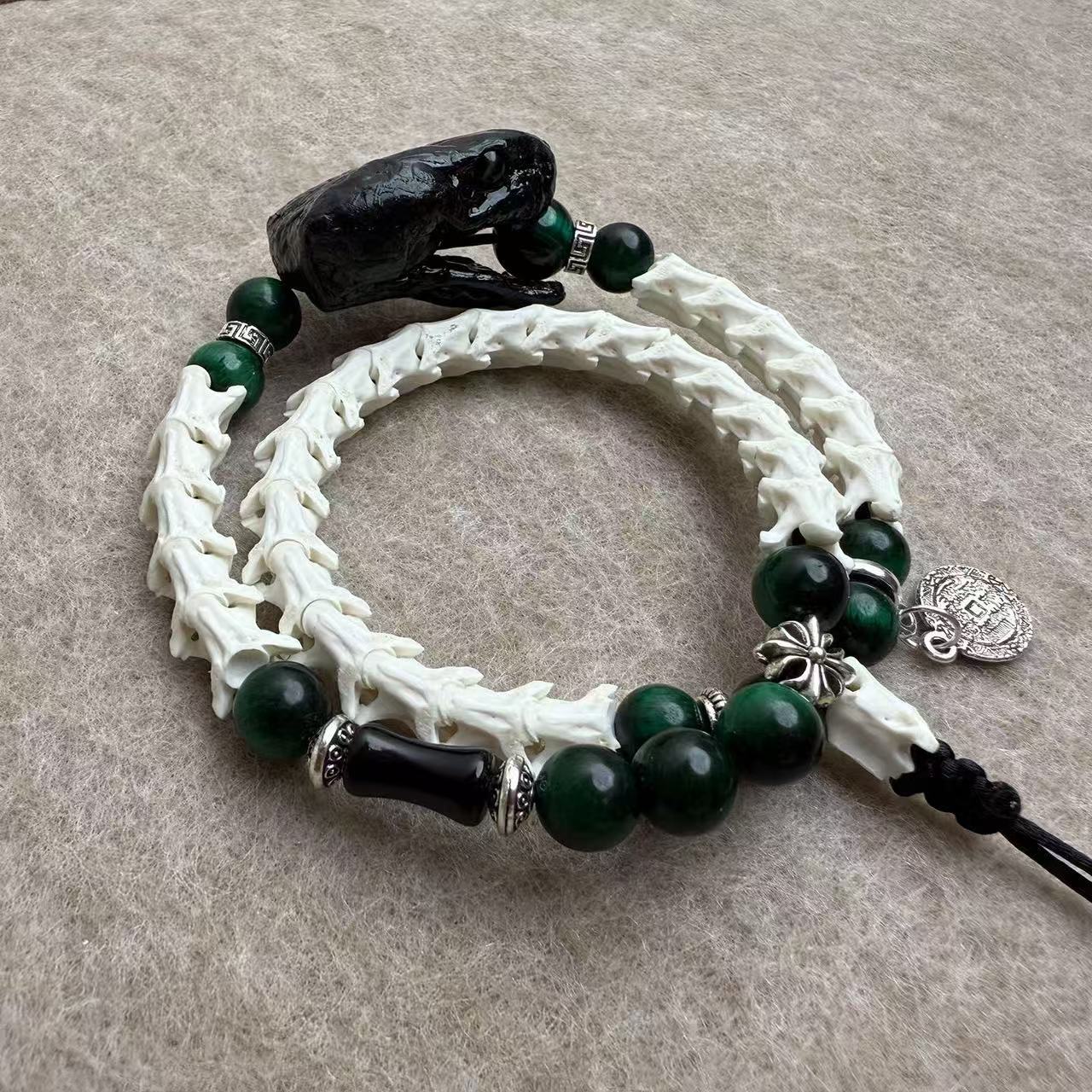 Real Snake Bone Double-Coil Bracelet — Black Serpent Head, Natural Malachite & Serpent-Sword Charm | Gothic Dark Luxury