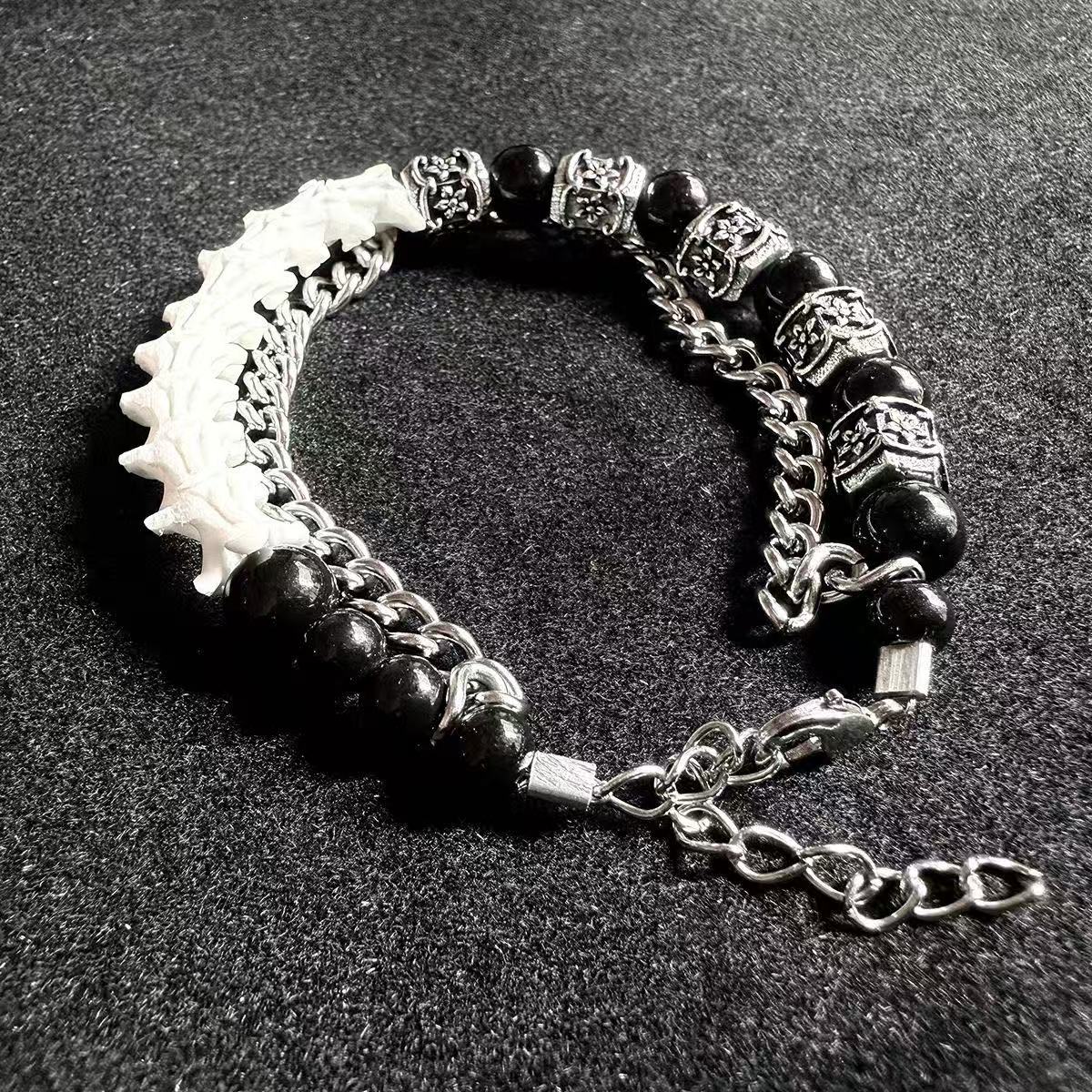 Real Snake Bone & Cuban Chain Bracelet — Natural Gemstone Beads & Vintage Alloy Spacers | Gothic Street Style