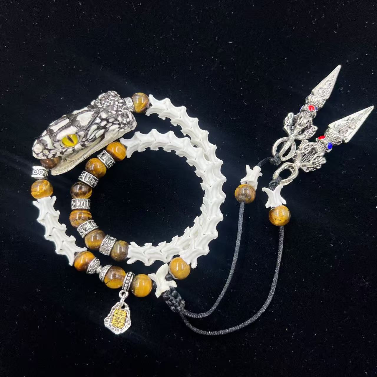 Real Snake Bone Coil Bracelet — Snake Head Clasp, Natural Gemstones & Tibetan Vajra Charm