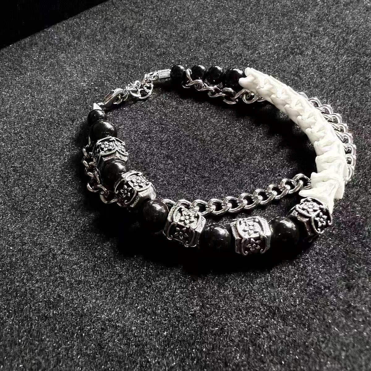 Real Snake Bone & Cuban Chain Bracelet — Natural Gemstone Beads & Vintage Alloy Spacers | Gothic Street Style