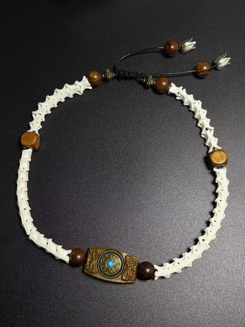 Real Snake Bone Bracelet – Tibetan Agarwood Bead, Turquoise Totem & Silver Petal Charm