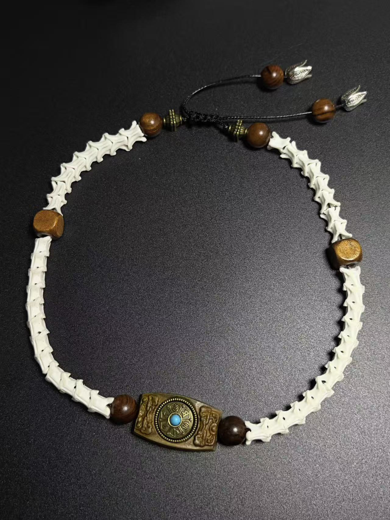 Real Snake Bone Bracelet – Tibetan Agarwood Bead, Turquoise Totem & Silver Petal Charm