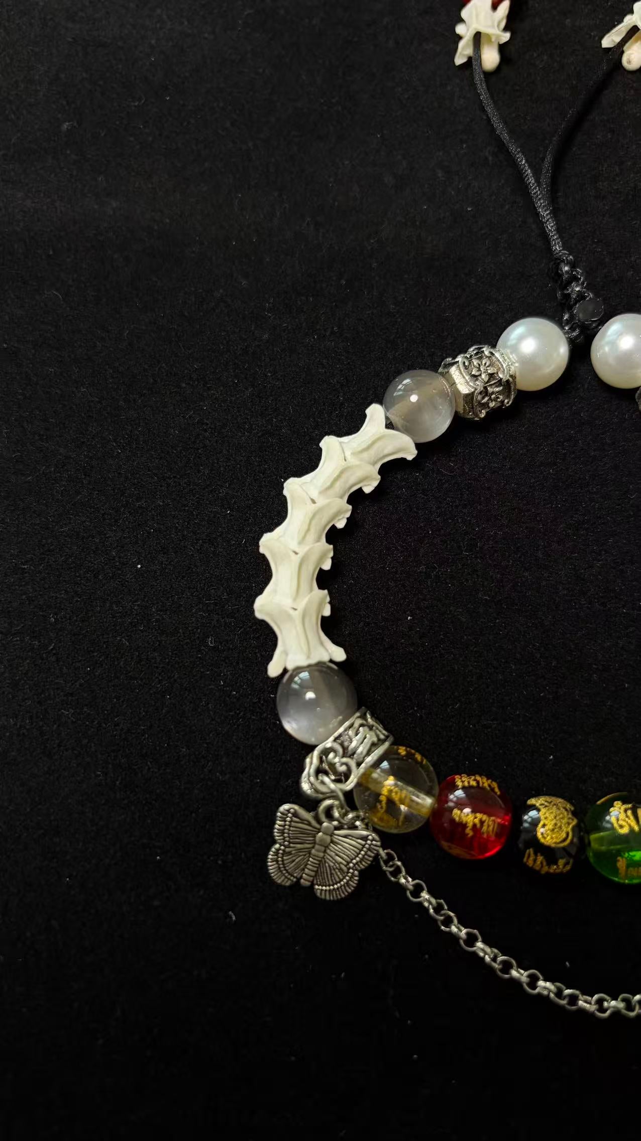 Real Snake Bone Bracelet – Five Wealth Gods Engraved Crystal Beads, Pearl & Silver Butterfly Charm | Tibetan Fortune Jewelry