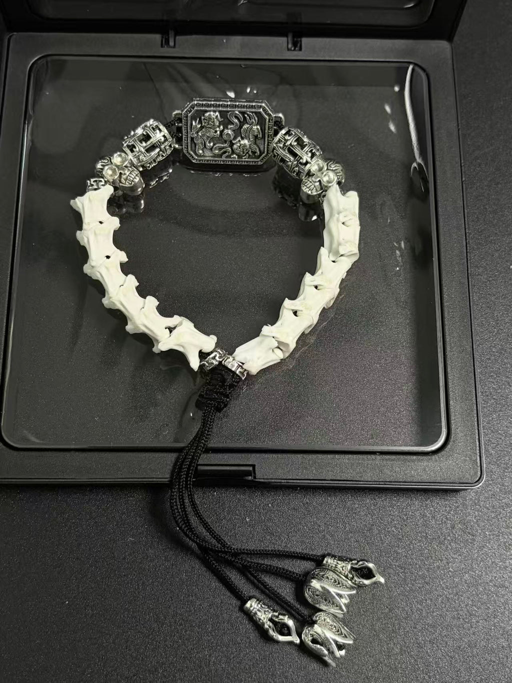 Real Snake Bone Bracelet – Pixiu Guardian Beast Silver Plaque, Crystal Skull & Triple Lotus Tassel | Chinese Talisman Dark Luxury