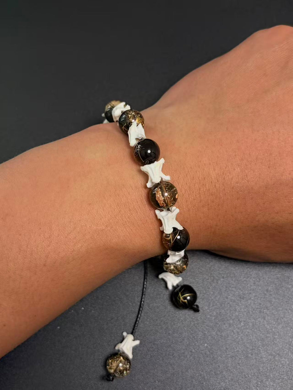 Real Snake Bone Bracelet – Black Onyx & Gold Lightning Lampwork Glass Beads, Vertebrae Spacers | Dark Luxury