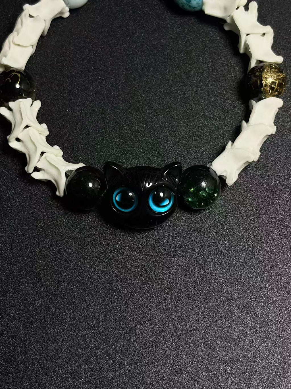 Real Snake Bone Bracelet – Black Owl Glass Charm, Turquoise Agate & Blue Cat's Eye | Dark Fantasy Style