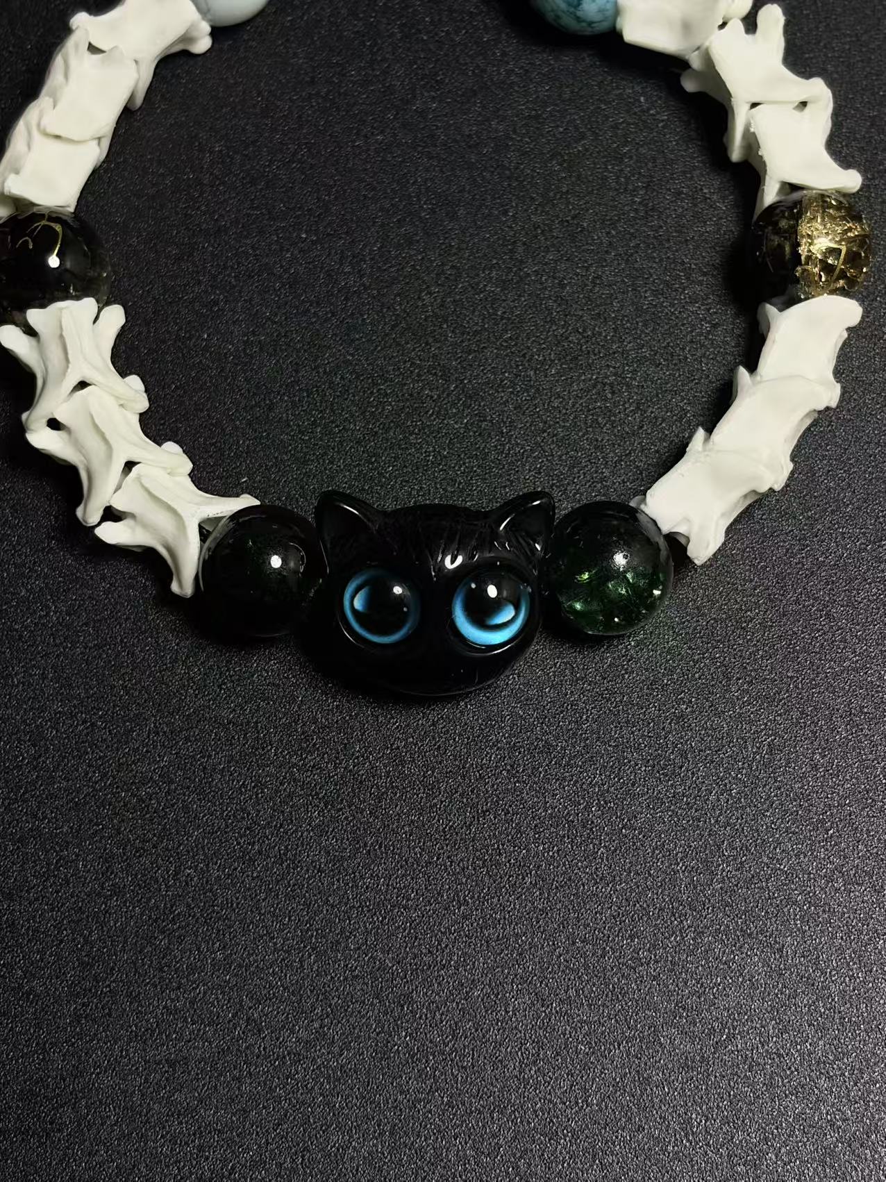 Real Snake Bone Bracelet – Black Owl Glass Charm, Turquoise Agate & Blue Cat's Eye | Dark Fantasy Style