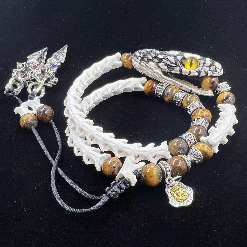 Real Snake Vertebrae Bracelet | Tiger Eye & Carved Snake Head | Gothic Dagger Witchy Pagan Protection Halloween Gift