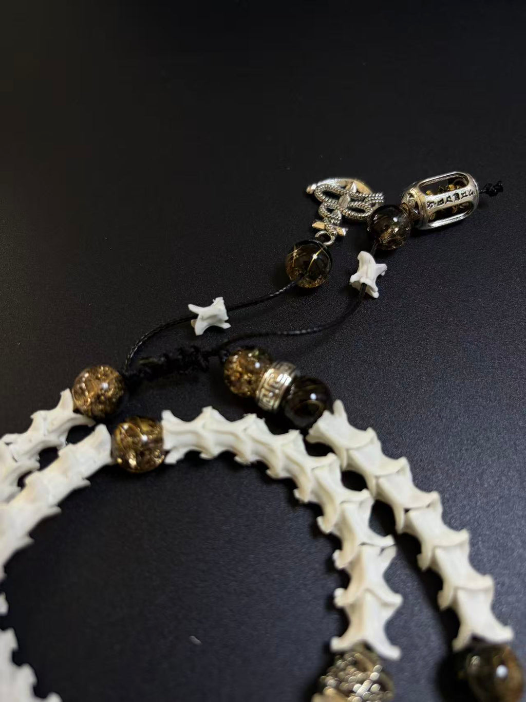 Real Snake Bone Bracelet | Smoky Quartz & Dual Tibetan Charm | Dark Talisman Jewelry