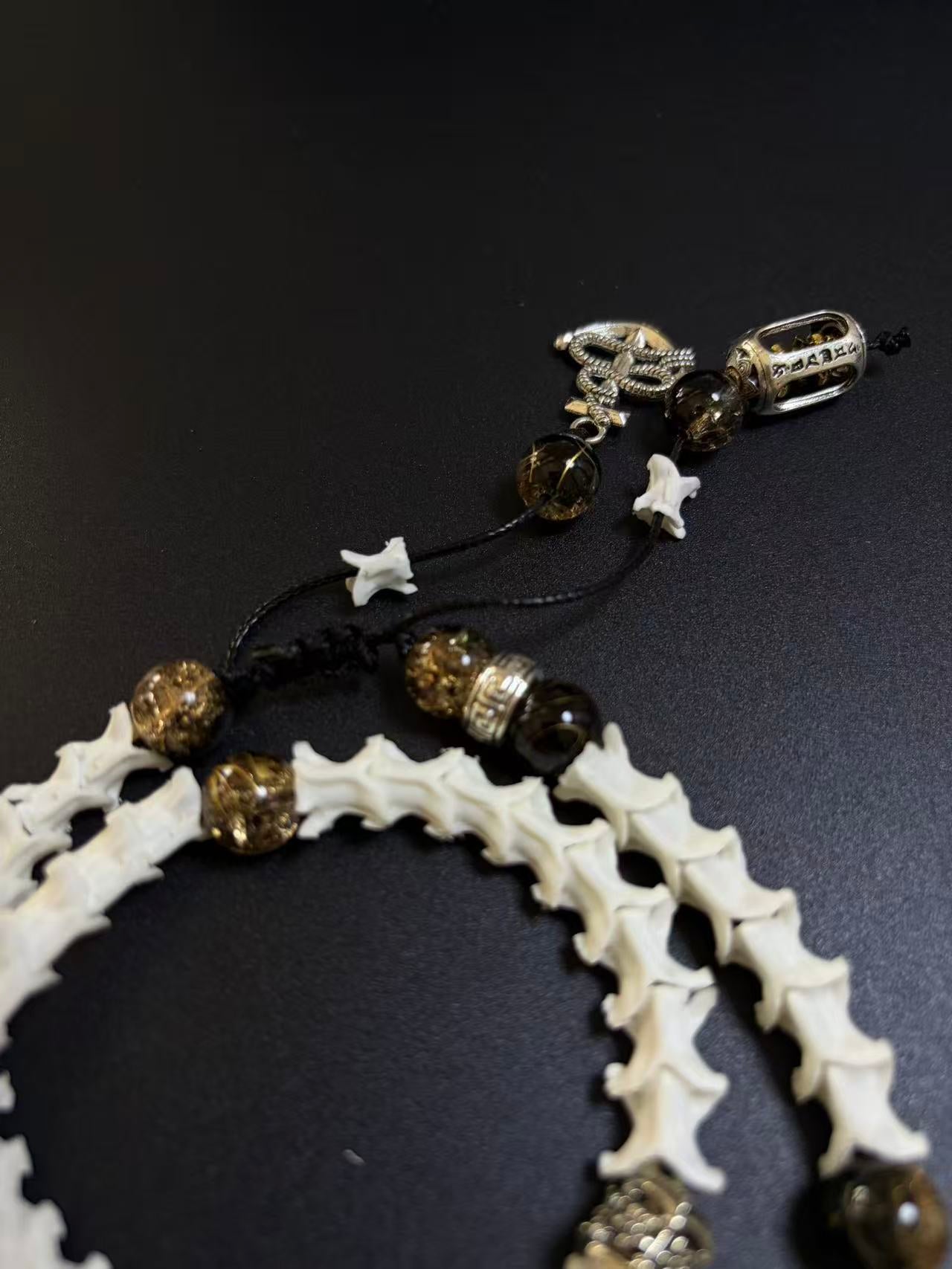 Real Snake Bone Bracelet | Smoky Quartz & Dual Tibetan Charm | Dark Talisman Jewelry