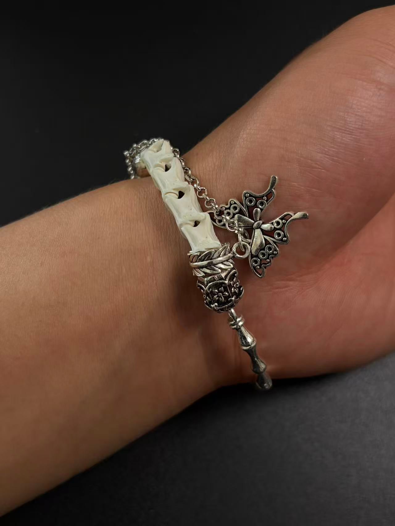 Real Snake Bone Bracelet – Crystal Skull, Silver Butterfly Charm & Bamboo Bone Dual Chain | Gothic Dark Luxury