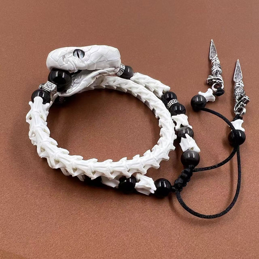 Real Snake Bone Bracelet — Black Obsidian Beads, Realistic Snake Head & Twin Sword Charms | Gothic Jewelry