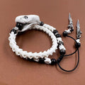 Real Snake Bone Bracelet — Black Obsidian Beads, Realistic Snake Head & Twin Sword Charms | Gothic Jewelry