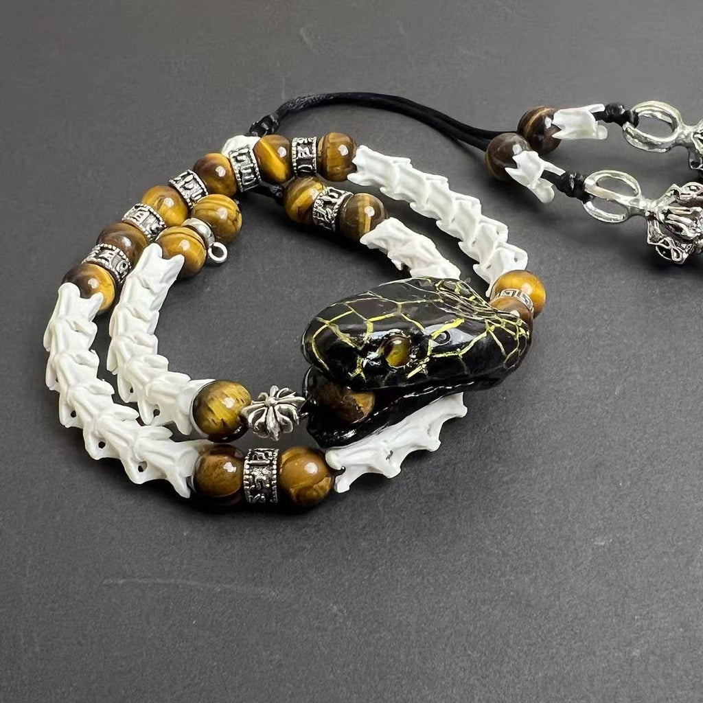 Real Snake Bone Double-Coil Bracelet — Black Serpent King, Tiger's Eye & Tibetan Kīla Charms | Dark Luxury