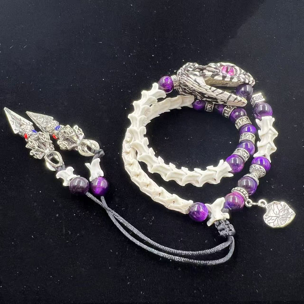 Real Snake Bone Coil Bracelet — Snake Head Clasp, Natural Gemstones & Tibetan Vajra Charm