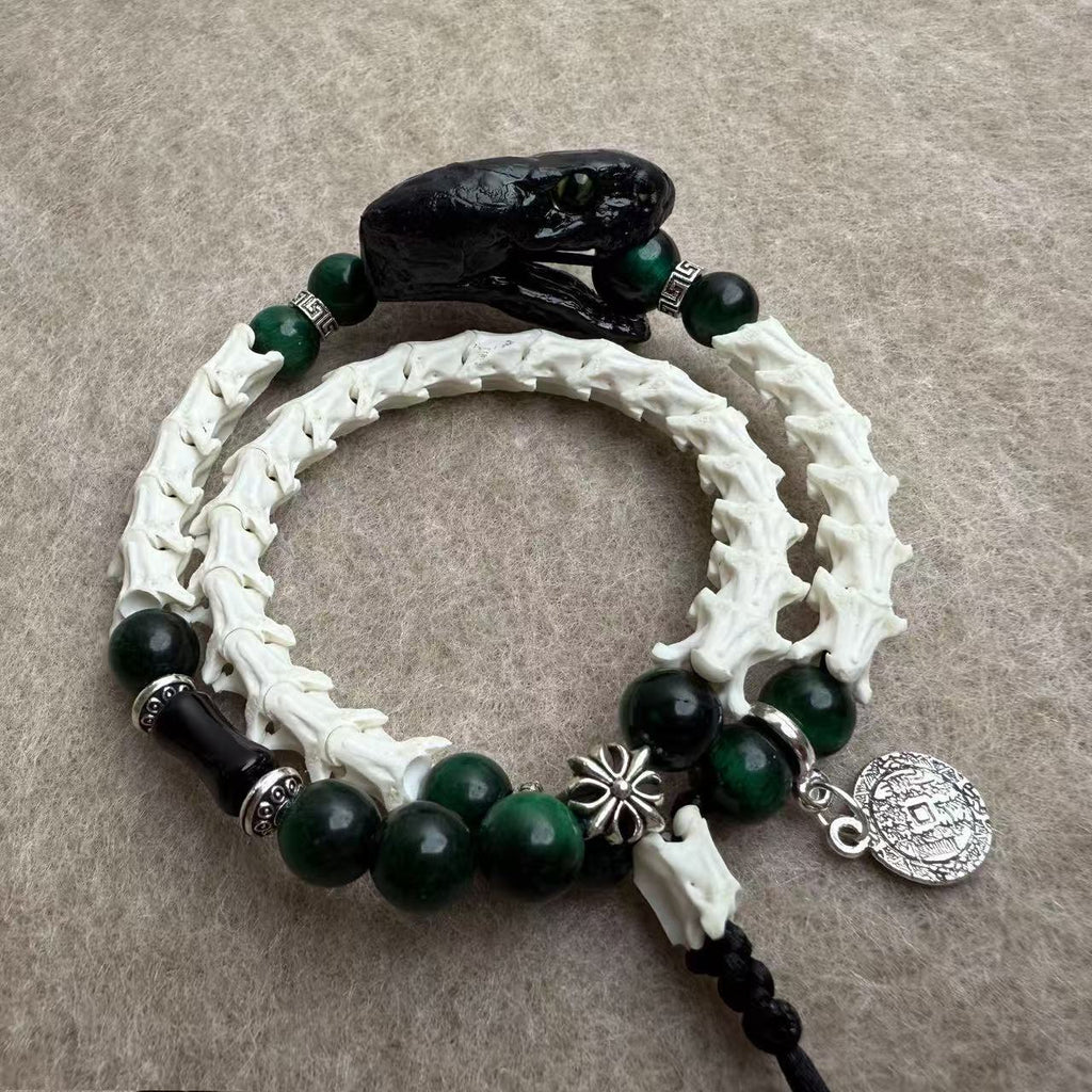 Real Snake Bone Double-Coil Bracelet — Black Serpent Head, Natural Malachite & Serpent-Sword Charm | Gothic Dark Luxury