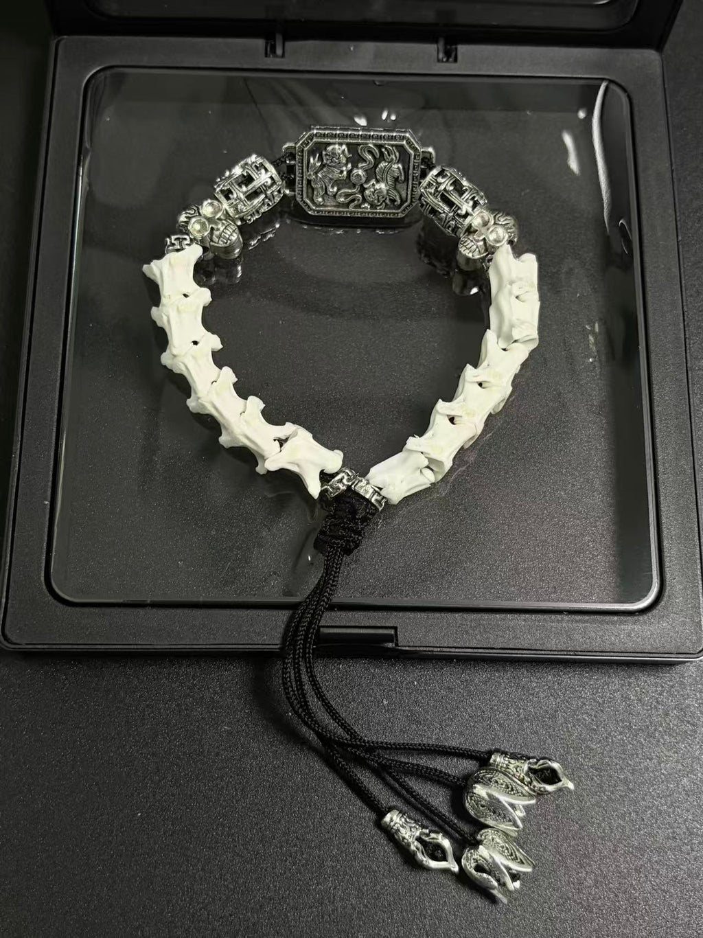 Real Snake Bone Bracelet – Pixiu Guardian Beast Silver Plaque, Crystal Skull & Triple Lotus Tassel | Chinese Talisman Dark Luxury