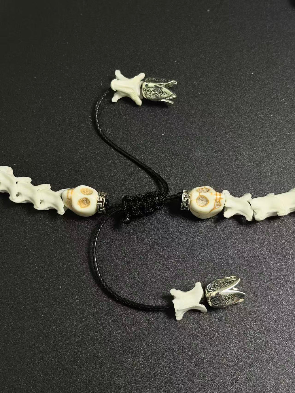 Real Snake Bone Bracelet – Dragon Eye Glass Pendant, Triple Skull Crown, Moss Agate & Gold Glass Beads | Dark Fantasy Gothic