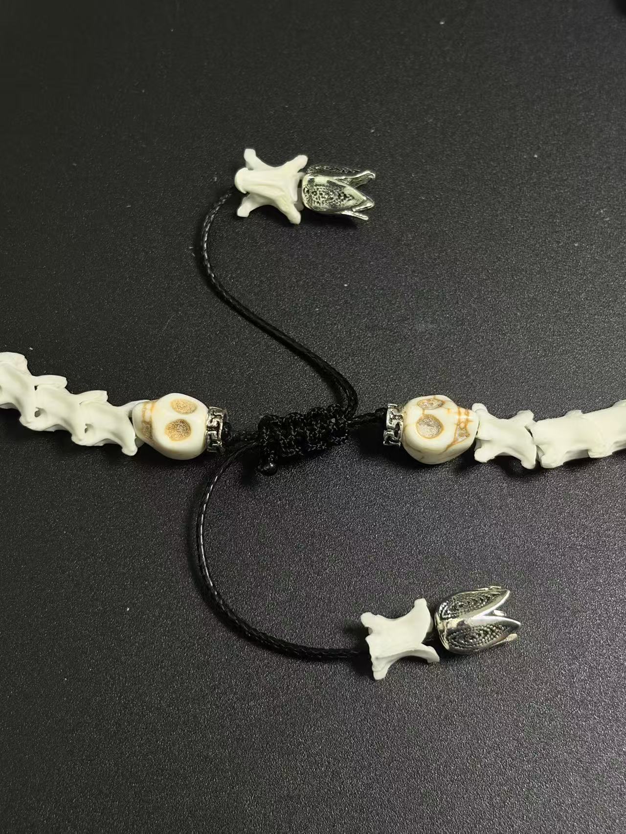 Real Snake Bone Bracelet – Dragon Eye Glass Pendant, Triple Skull Crown, Moss Agate & Gold Glass Beads | Dark Fantasy Gothic