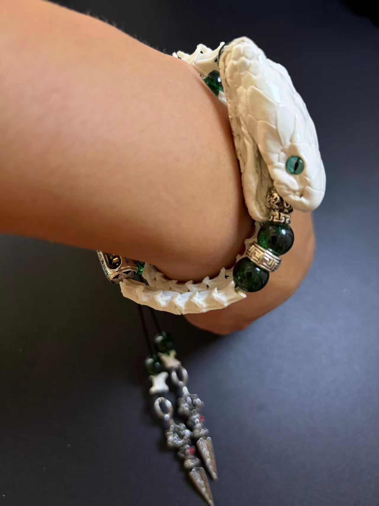 Real Snake Bone Bracelet with Tibetan Phurba Dagger Charm | Dark Luxury Talisman
