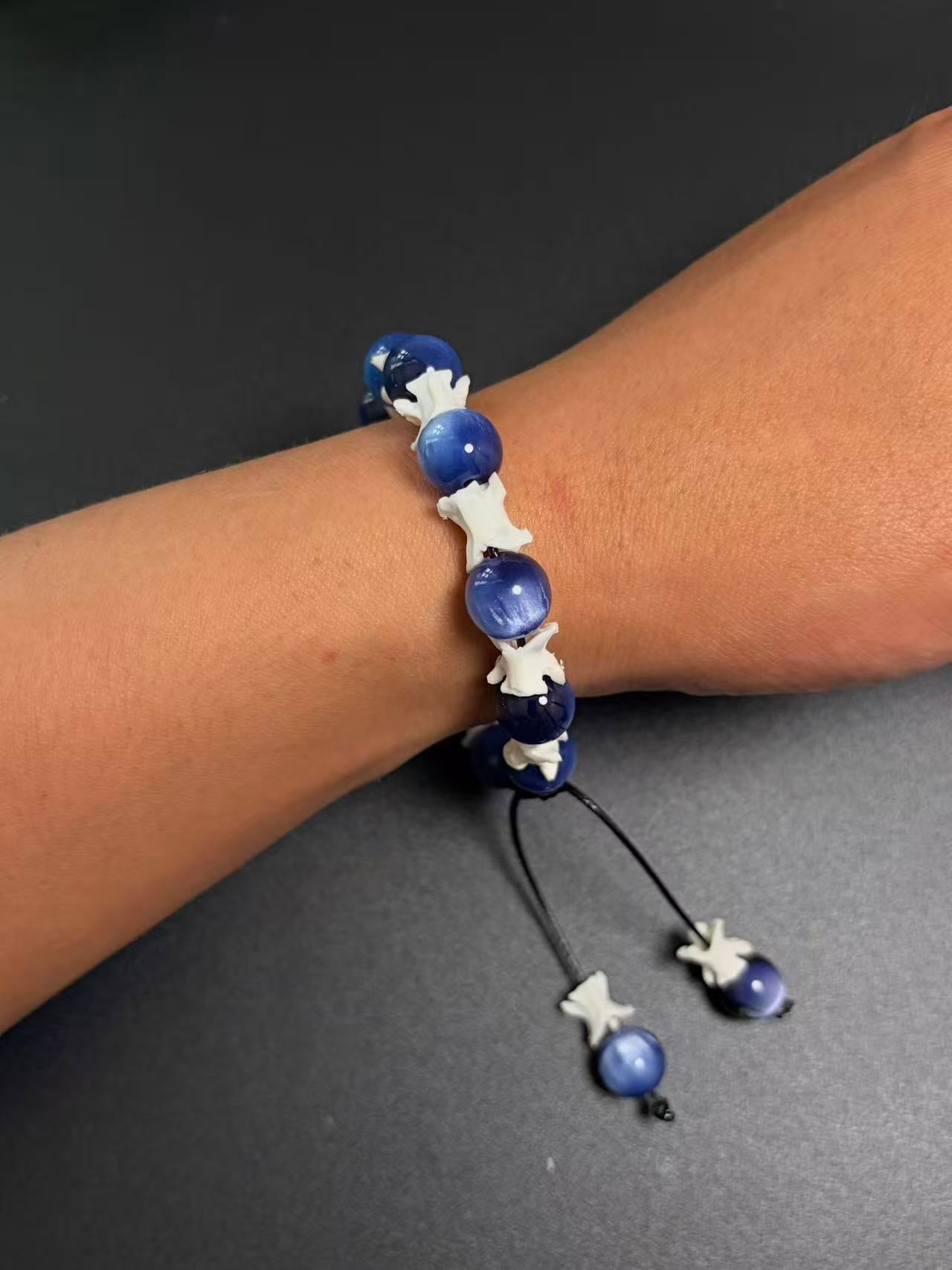 Real Snake Bone Bracelet – Deep Blue Cat's Eye Stone Beads & Vertebrae Spacers | Chatoyant Dark Elegant Style