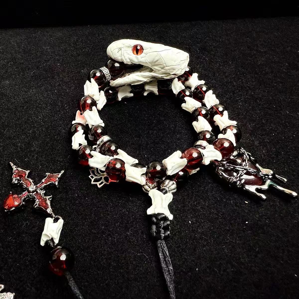 Real Snake Bone Bracelet — Red-Eye White Serpent, Natural Garnet & Gothic Angel Cross | Blood Relic Dark Luxury