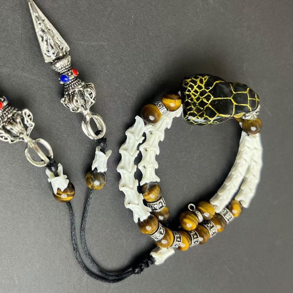 Real Snake Bone Double-Coil Bracelet — Black Serpent King, Tiger's Eye & Tibetan Kīla Charms | Dark Luxury