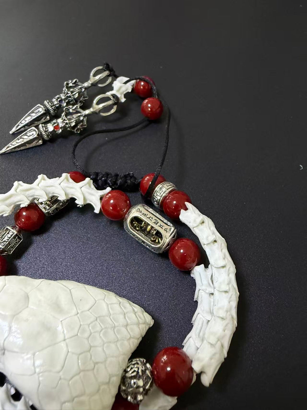 Real Snake Skull & Spine Bracelet – Red Agate, Tibetan Dorje Charms | Gothic Talisman Jewelry