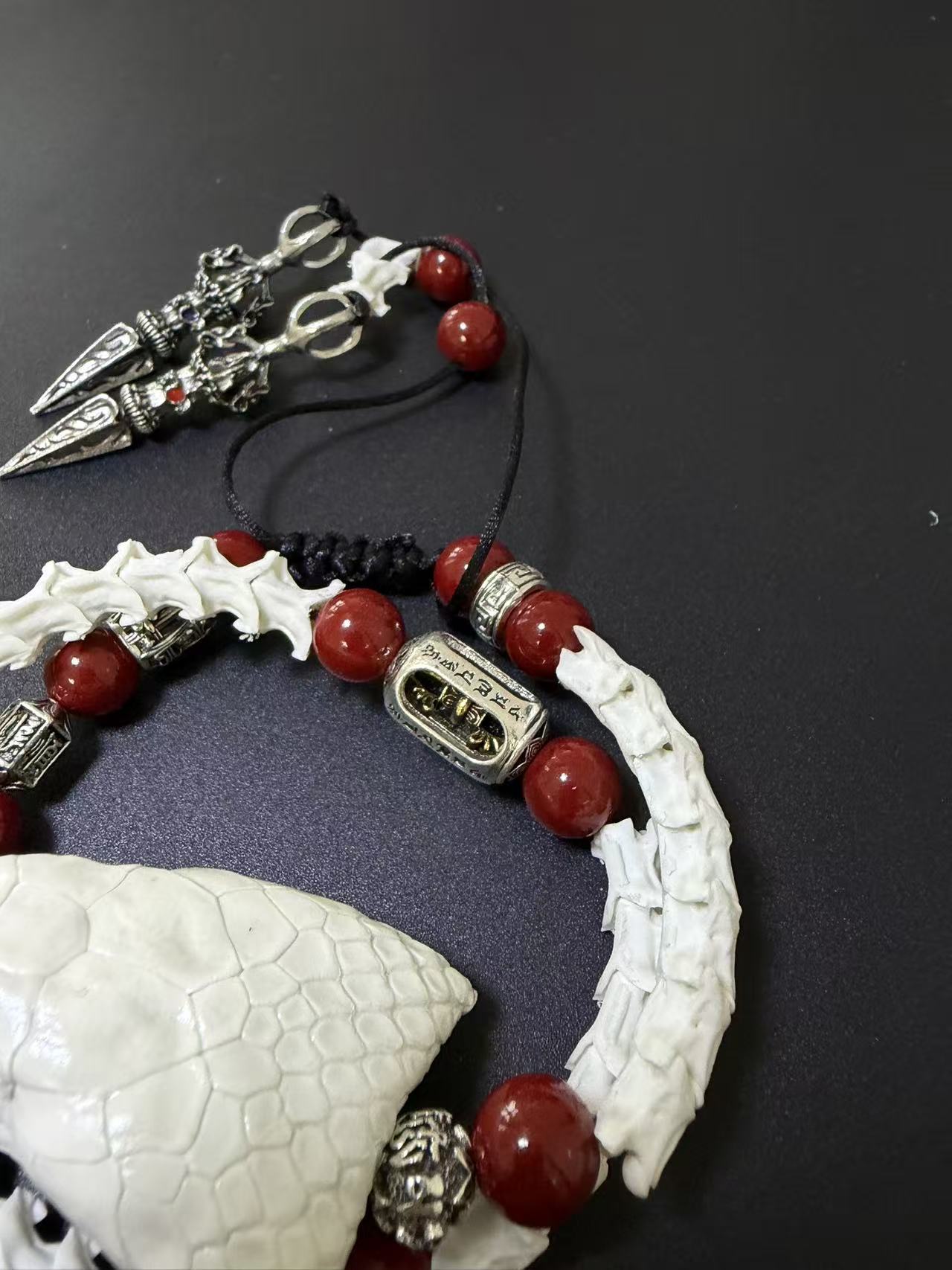 Real Snake Skull & Spine Bracelet – Red Agate, Tibetan Dorje Charms | Gothic Talisman Jewelry