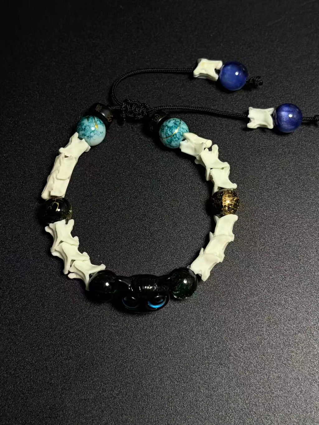 Real Snake Bone Bracelet – Black Owl Glass Charm, Turquoise Agate & Blue Cat's Eye | Dark Fantasy Style
