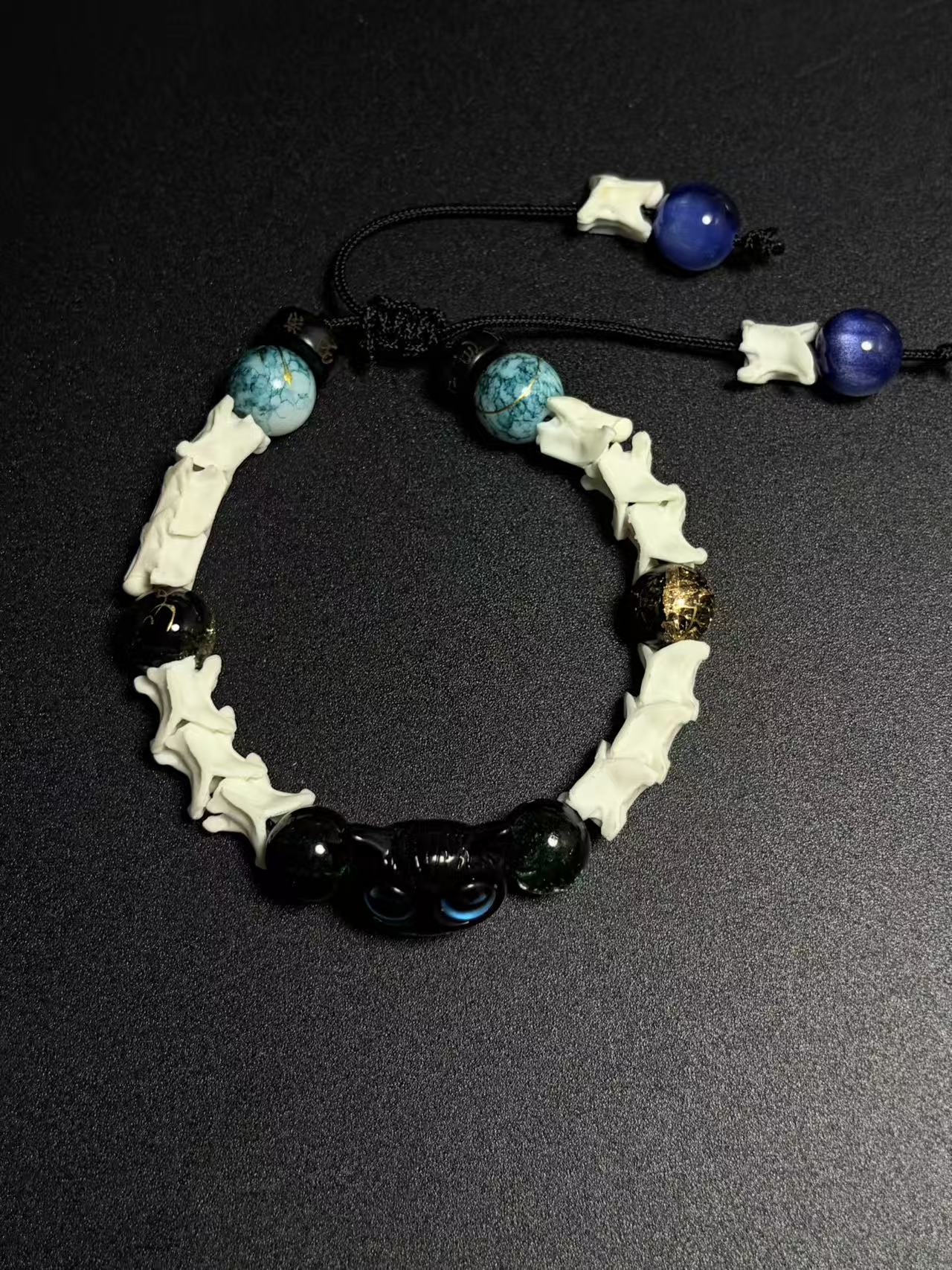 Real Snake Bone Bracelet – Black Owl Glass Charm, Turquoise Agate & Blue Cat's Eye | Dark Fantasy Style