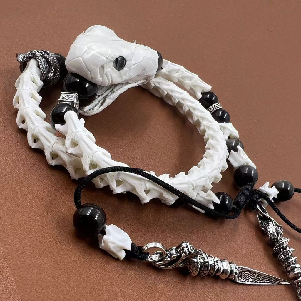 Real Snake Bone Bracelet — Black Obsidian Beads, Realistic Snake Head & Twin Sword Charms | Gothic Jewelry