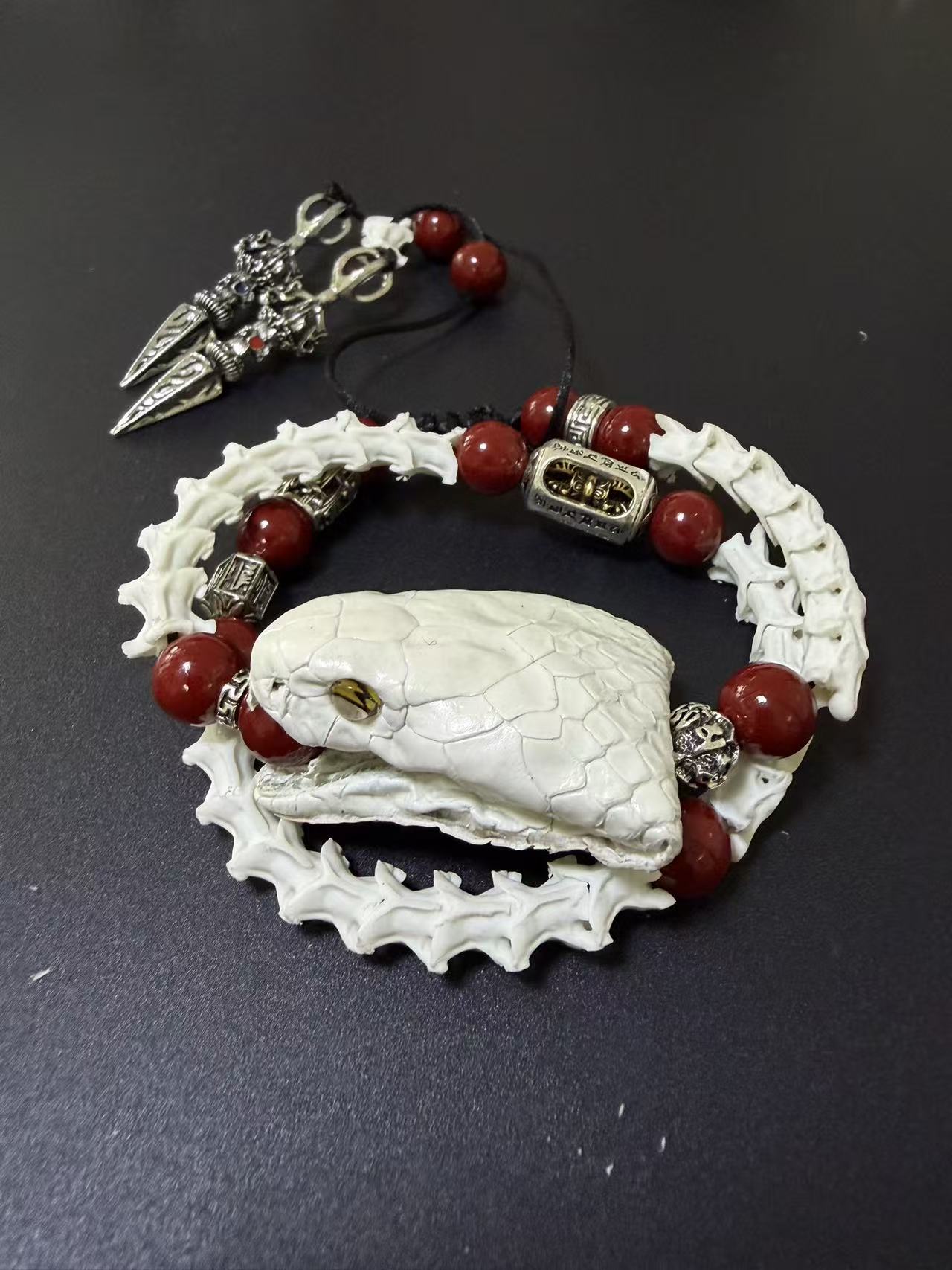 Real Snake Skull & Spine Bracelet – Red Agate, Tibetan Dorje Charms | Gothic Talisman Jewelry