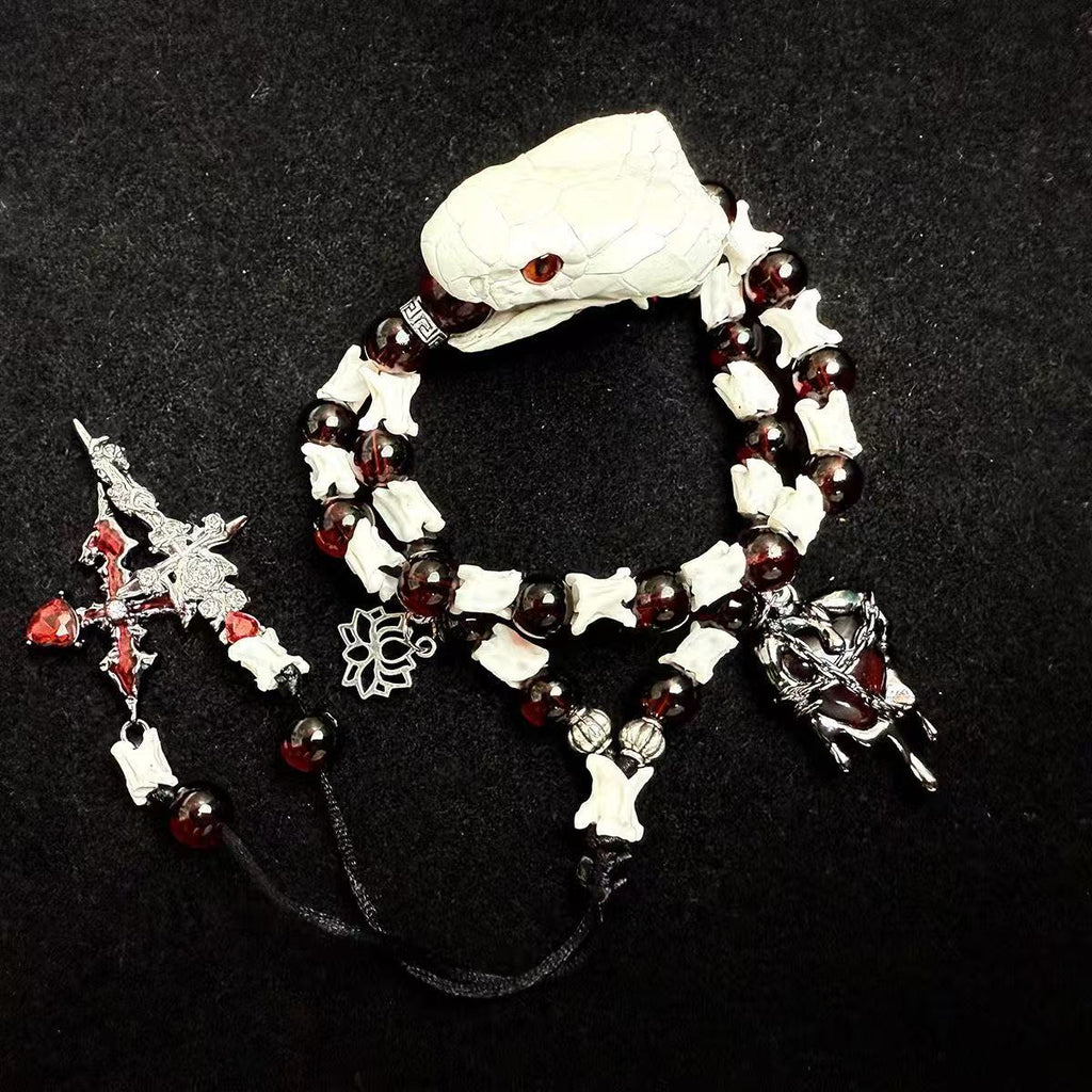 Real Snake Bone Bracelet — Red-Eye White Serpent, Natural Garnet & Gothic Angel Cross | Blood Relic Dark Luxury