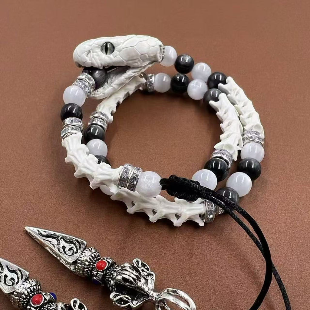 Real White Snake Bone Bracelet — Black & White Gemstones, Diamond Spacers & Tibetan Vajra Spear Charms | Dark Luxury