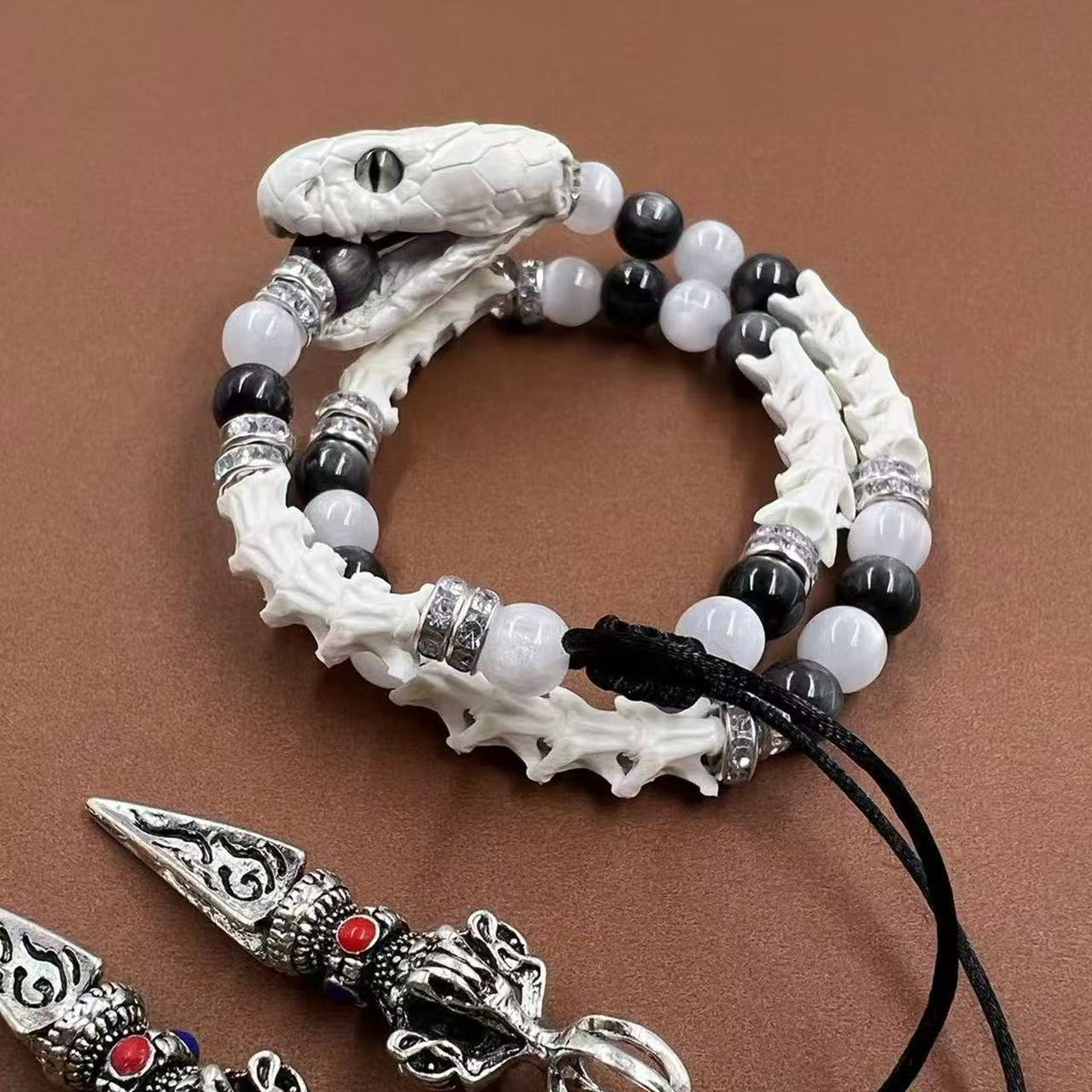 Real White Snake Bone Bracelet — Black & White Gemstones, Diamond Spacers & Tibetan Vajra Spear Charms | Dark Luxury