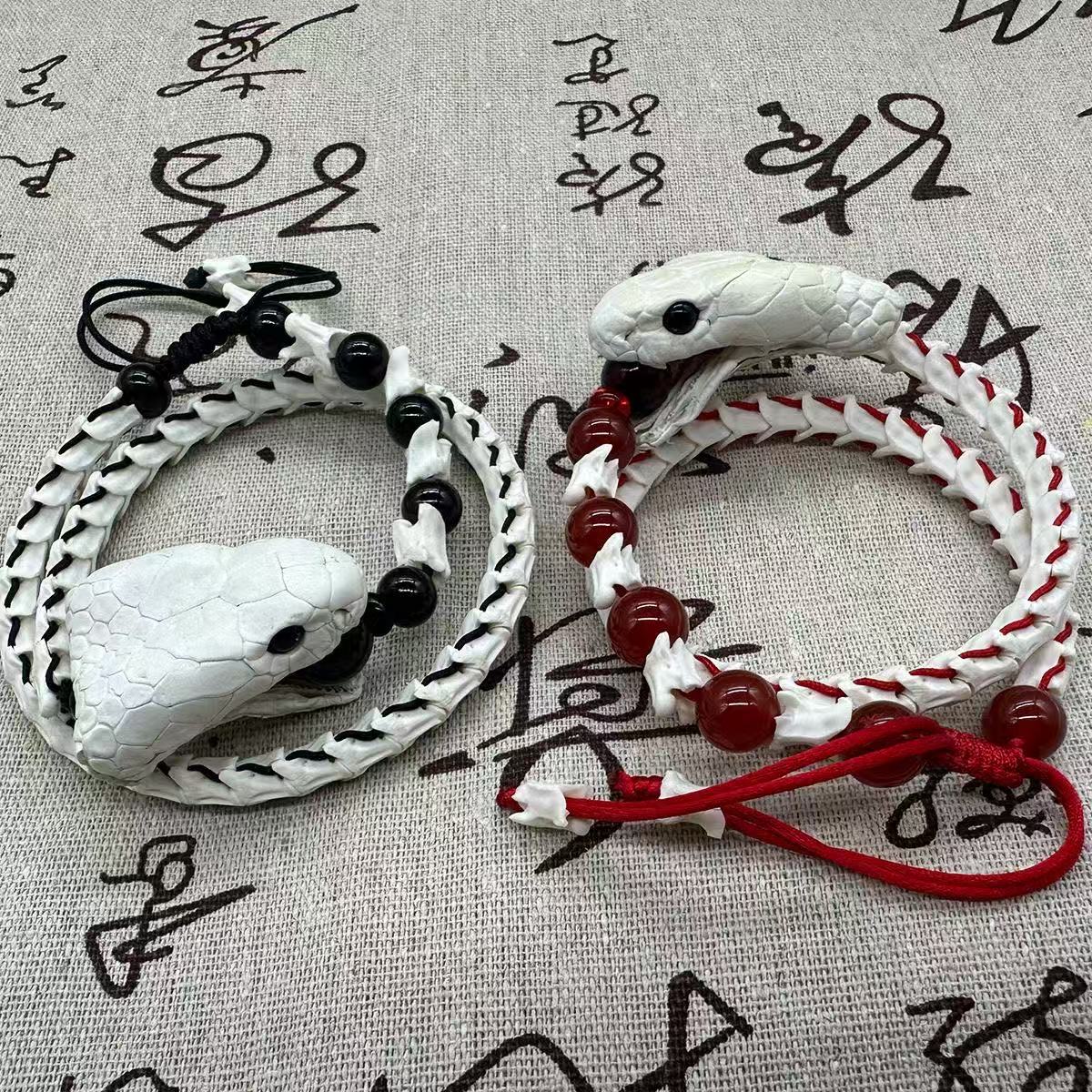 Real Snake Bone Woven Bracelet — Natural Gemstone Beads | Gothic Occult Jewelry