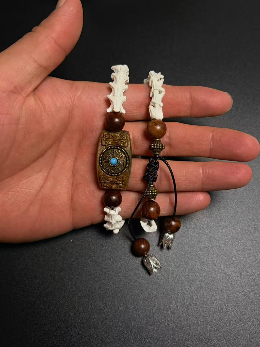 Real Snake Bone Bracelet – Tibetan Agarwood Bead, Turquoise Totem & Silver Petal Charm