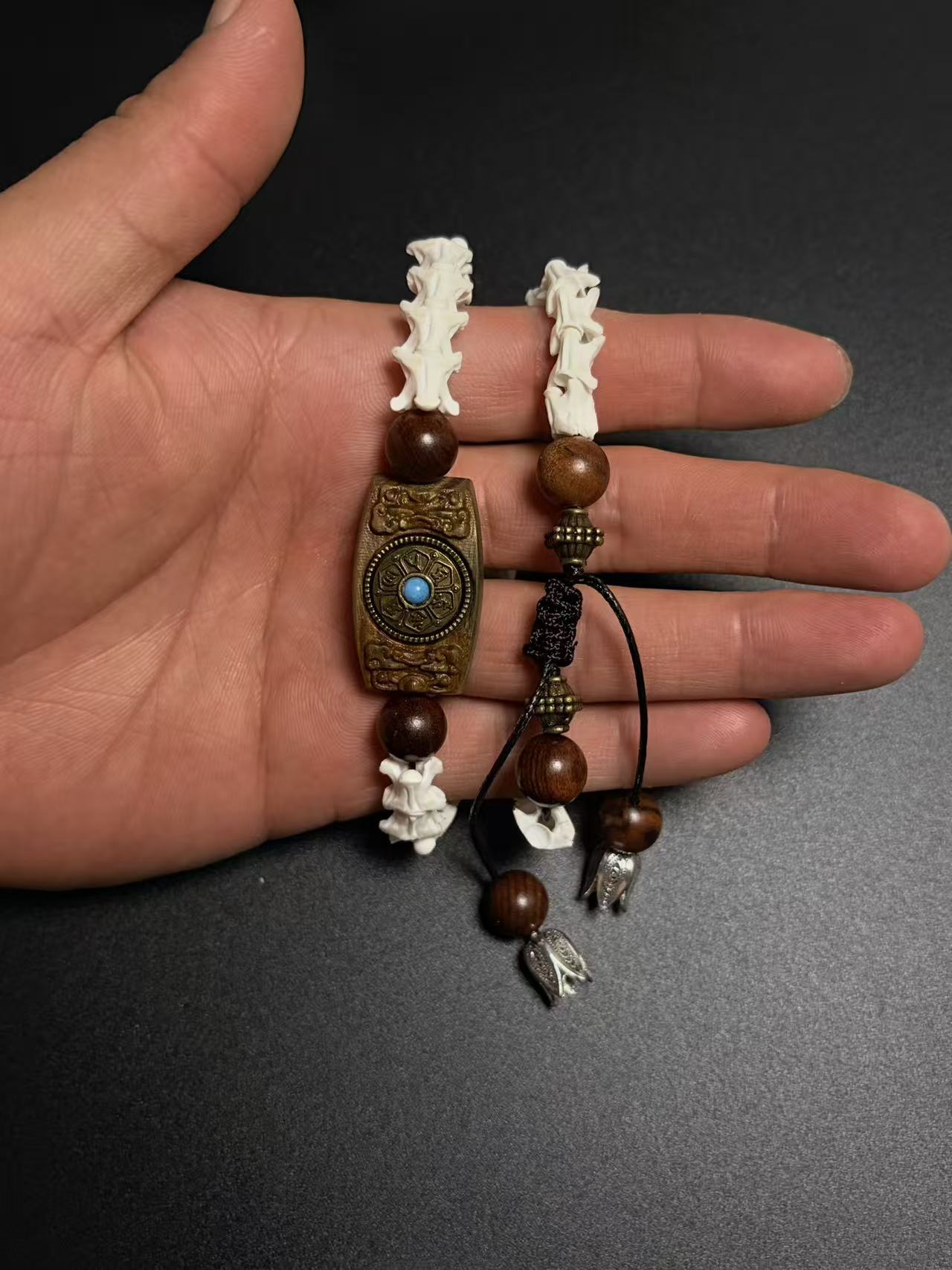 Real Snake Bone Bracelet – Tibetan Agarwood Bead, Turquoise Totem & Silver Petal Charm
