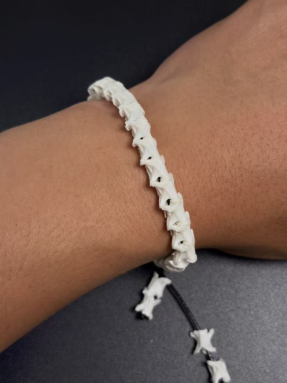 Real Snake Bone Bracelet – Pure Single Wrap Vertebrae Chain, No Beads, Bone Cord Tips | Raw Minimalist Dark Style