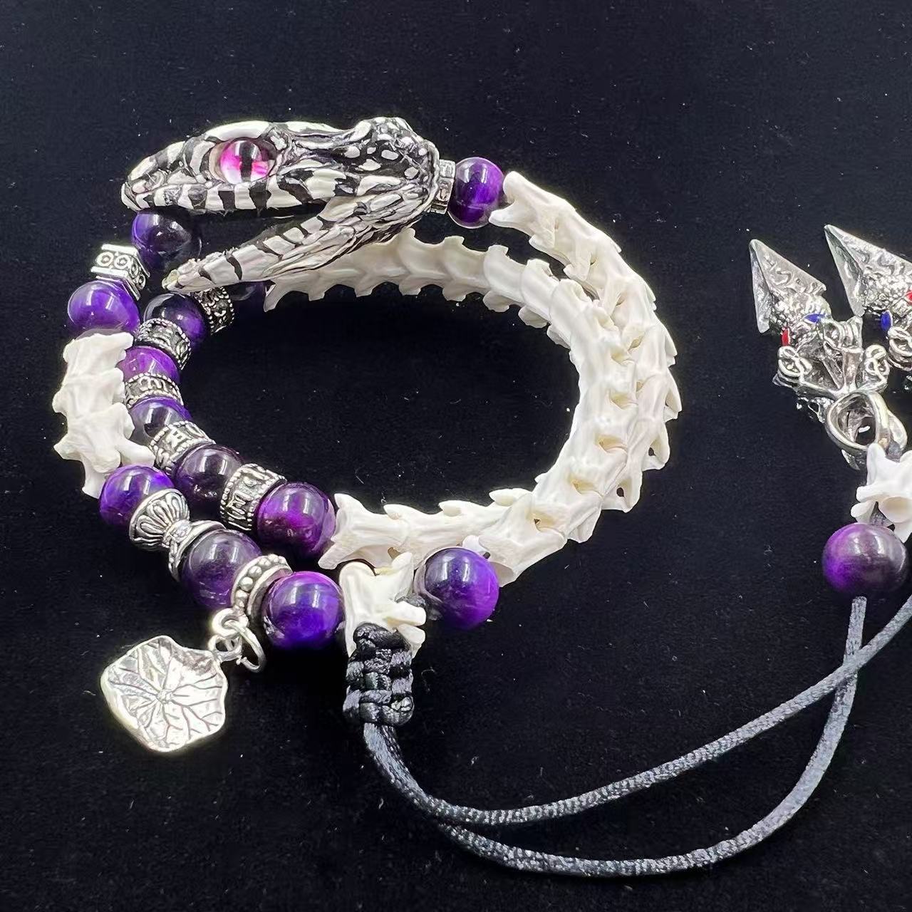 Real Snake Bone Coil Bracelet — Snake Head Clasp, Natural Gemstones & Tibetan Vajra Charm