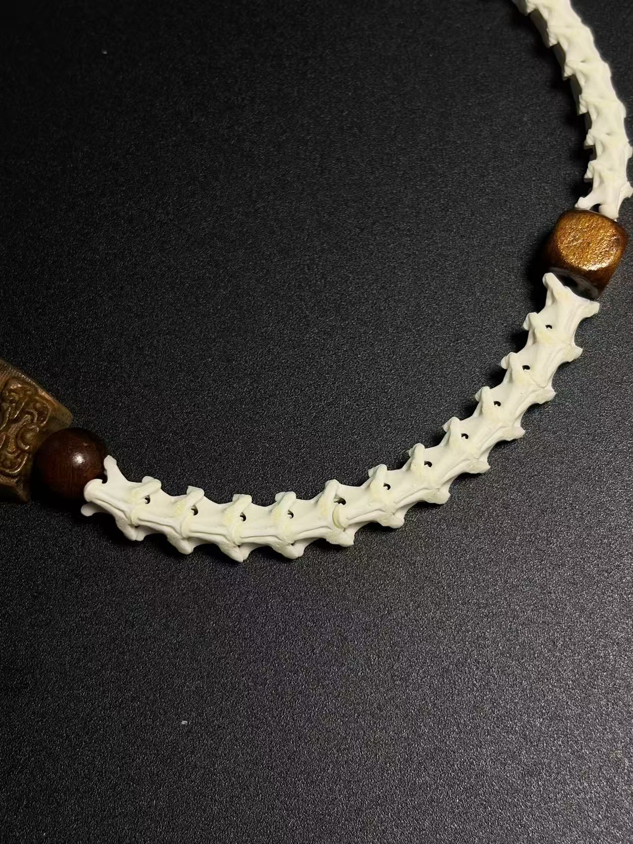Real Snake Bone Bracelet – Tibetan Agarwood Bead, Turquoise Totem & Silver Petal Charm