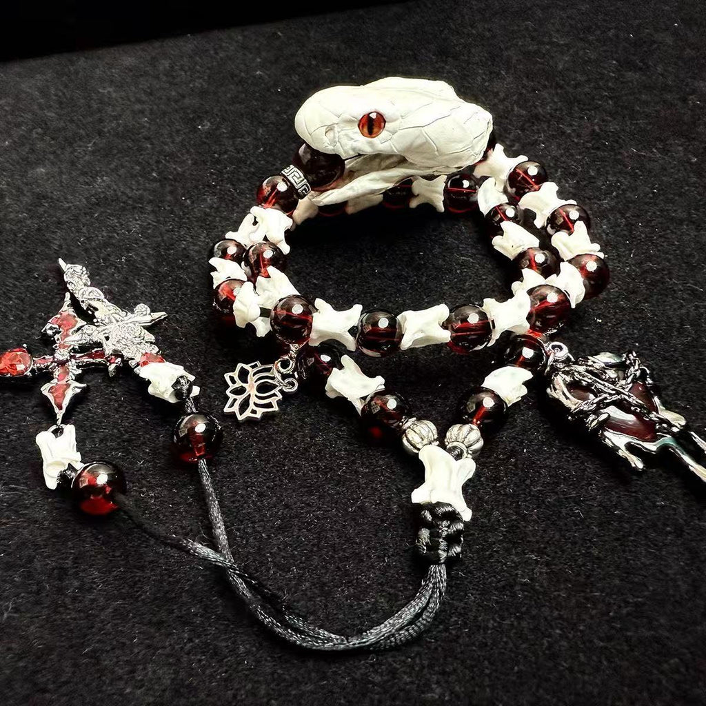 Real Snake Bone Bracelet — Red-Eye White Serpent, Natural Garnet & Gothic Angel Cross | Blood Relic Dark Luxury